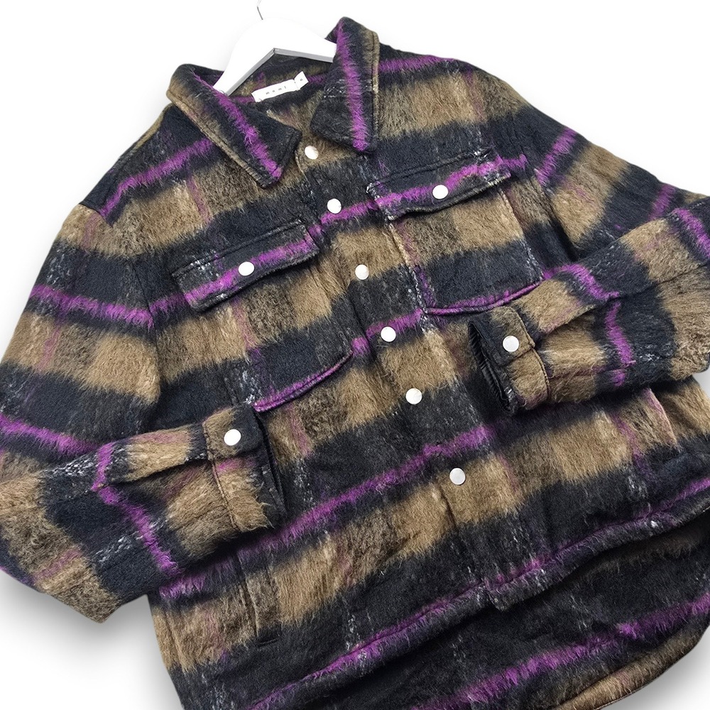 mnml Shirt Jacket Mens XL Brown Purple Good Fuzzy Soft Plaid Shacket